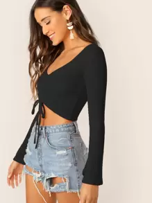 SHEIN 鐘形袖抽繩抽褶前羅紋t恤 - 黑色 - 查看 3