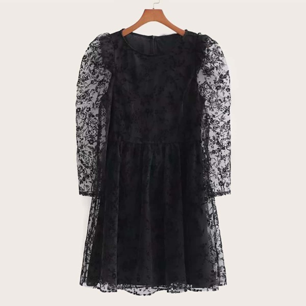

Puff Sleeve Embroidery Mesh Dress, Black