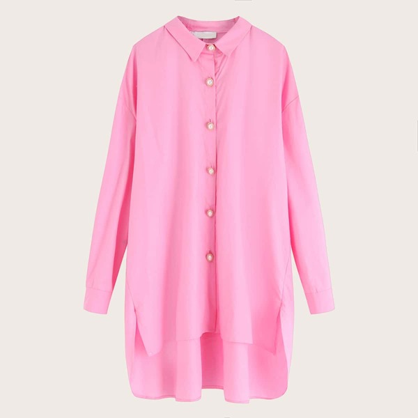 

Pearls Button Through High Low Shirt Dress, Pink