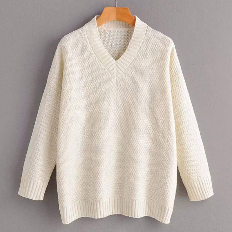 

V-neck Waffle Knit Sweater, White
