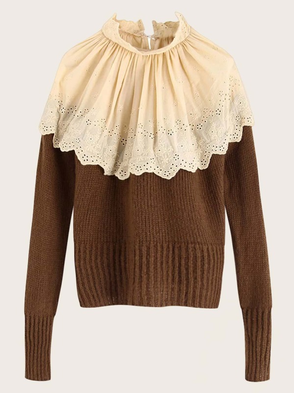 

Contrast Eyelet Embroidery Ribbed Knit Jumper, Brown