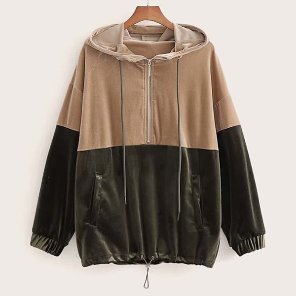 

Two Tone Half Zip Velvet Drawstring Hoodie, Multicolor