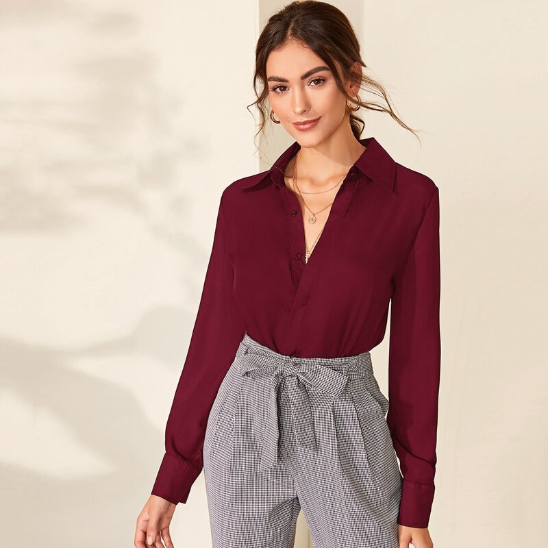 

Solid Button Up Shirt Blouse, Burgundy
