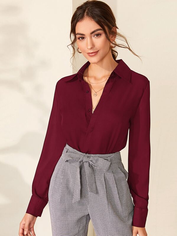

Solid Button Up Shirt Blouse, Burgundy, Carol A