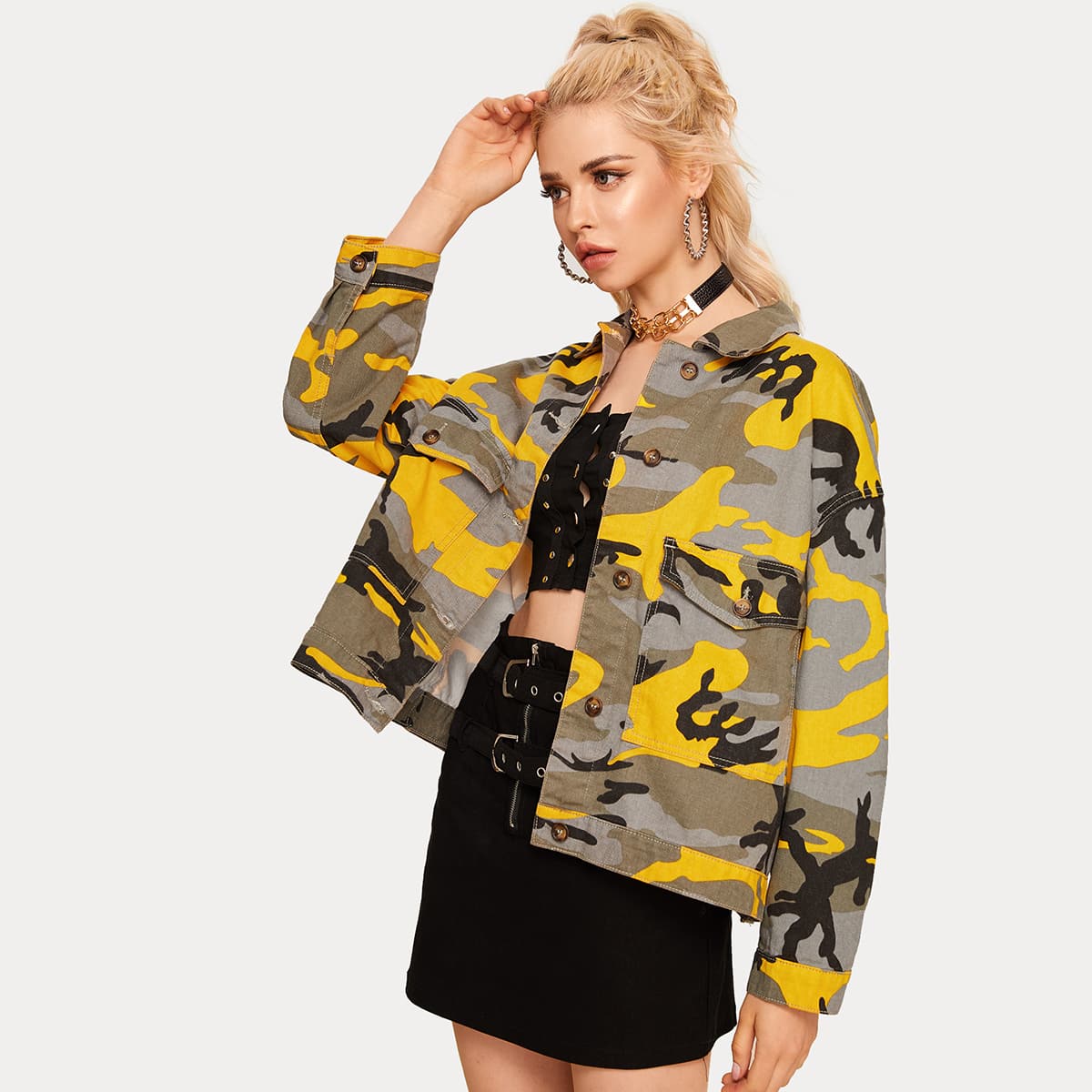 

Camo Print Flap Pocket Denim Trucker Jacket, Multicolor