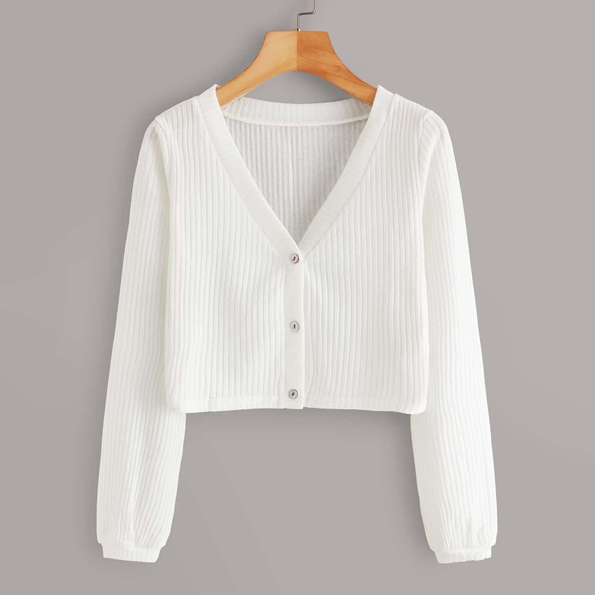 

Solid V-neck Button Through Crop Cardigan, White