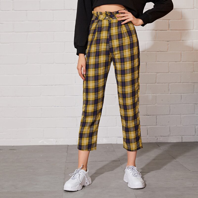 

Tartan Paperbag Waist Cropped Pants, Yellow