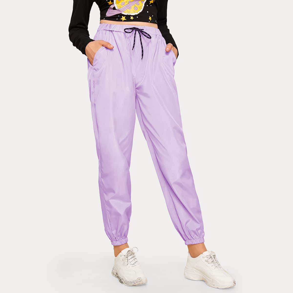 

Slant Pocket Drawstring Waist Wind Joggers, Purple