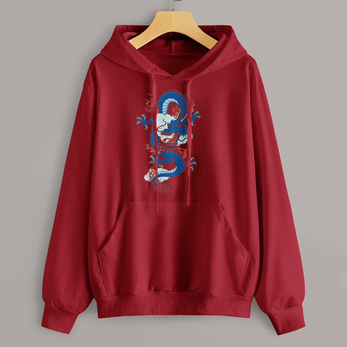 

Dragon Print Kangaroo Pocket Drawstring Hoodie, Red