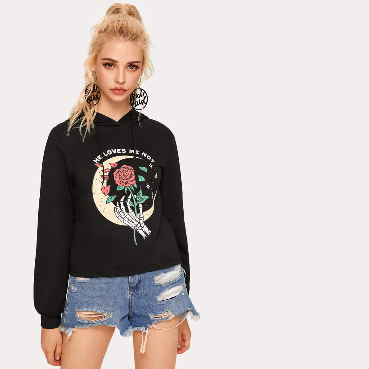 Halloween & Graphic Print Drawstring Hoodie, Black