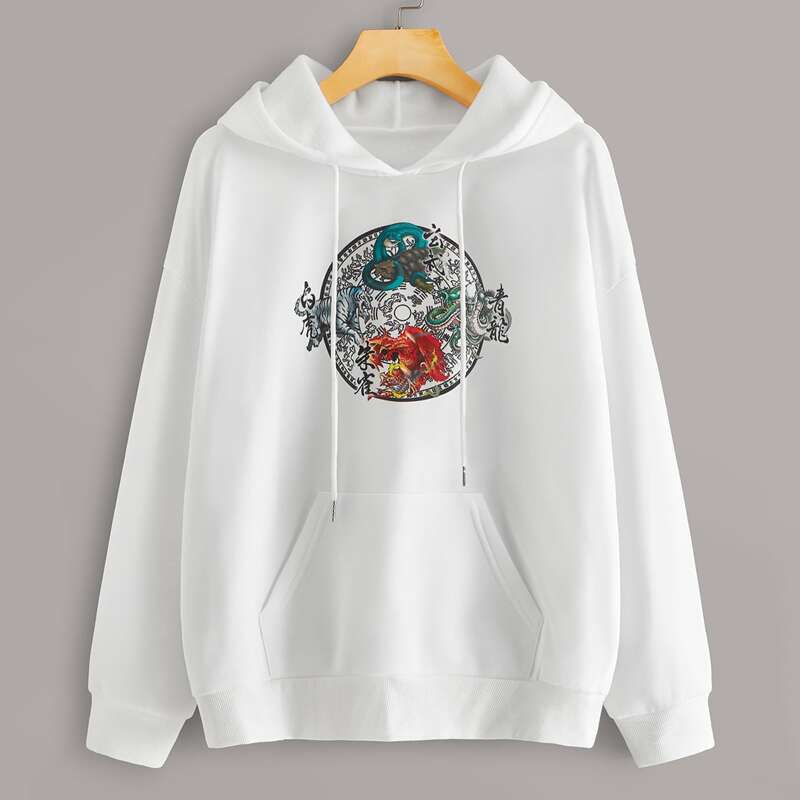 

Graphic Print Kangaroo Pocket Drawstring Hoodie, White