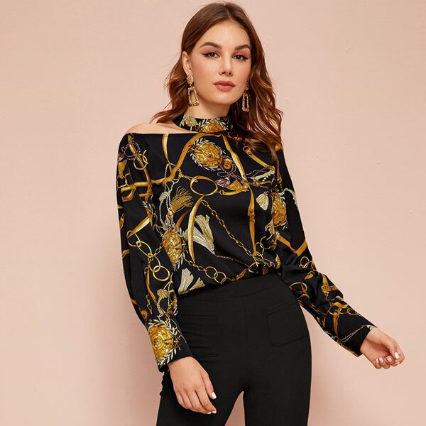 

Chain Print Asymmetrical Neck Blouse, Black