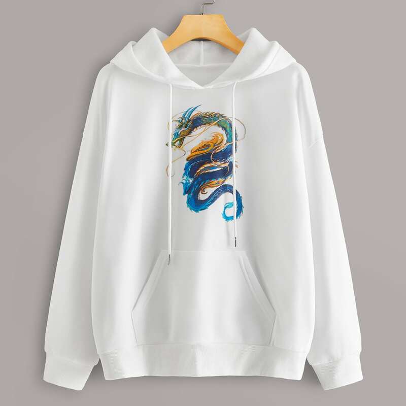 

Dragon Print Kangaroo Pocket Drawstring Hoodie, White