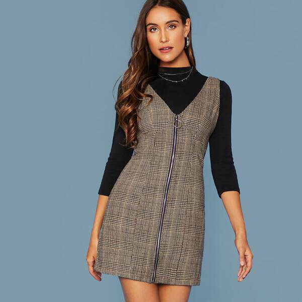 

O-ring Zip Up Plaid Pinafore Dress, Multicolor