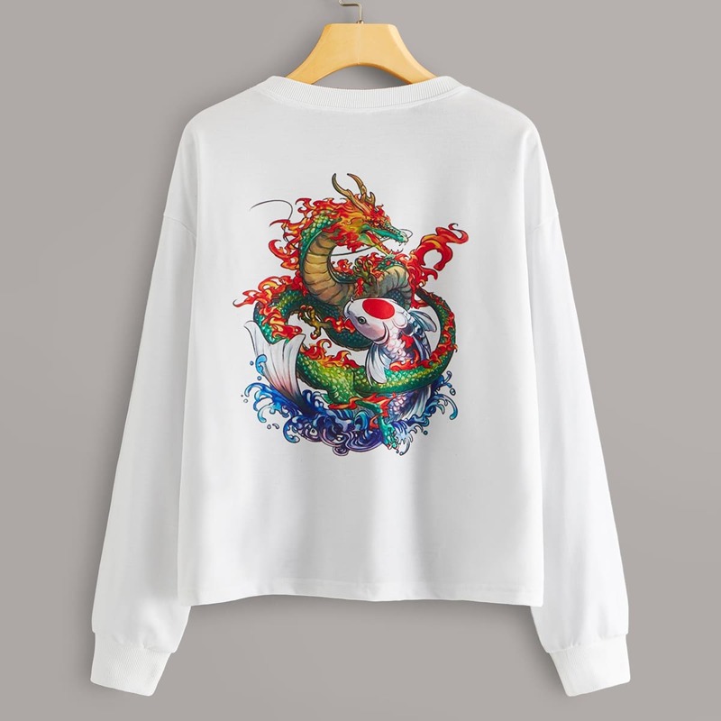 

Dragon & Fish Print Back Sweatshirt, White