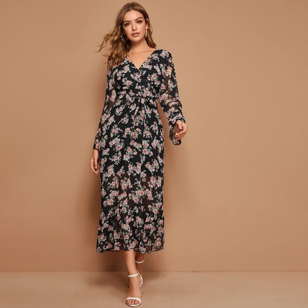 

Floral Print Surplice Front Belted Chiffon Dress, Black