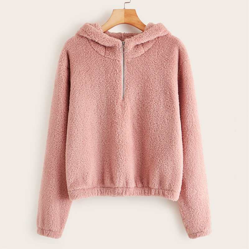 

Solid Half Zip Teddy Hoodie, Pink