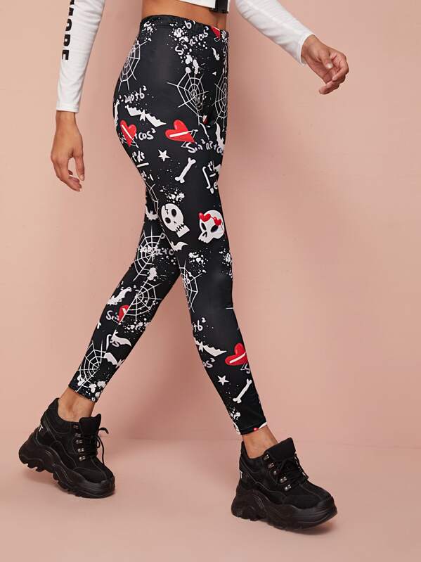 

Halloween Print Elastic Waist Leggings, Black, GG