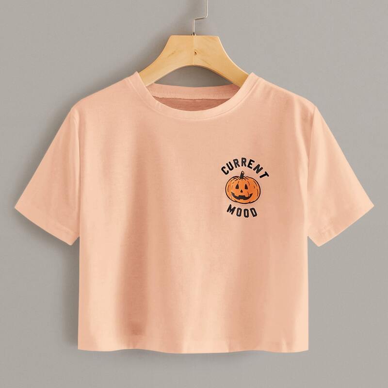 

Halloween & Letter Graphic Crop Tee, Pink pastel