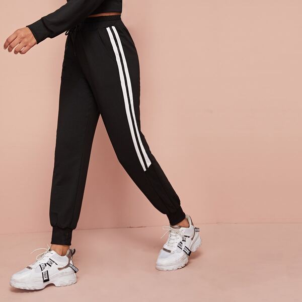 

Side Stripe Drawstring Waist Sweatpants, Black