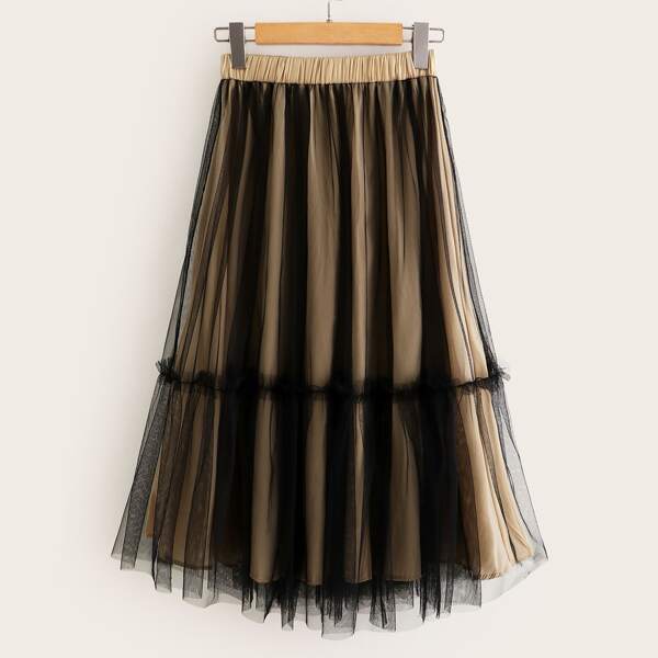 

Frill Trim Mesh Overlay Skirt, Multicolor