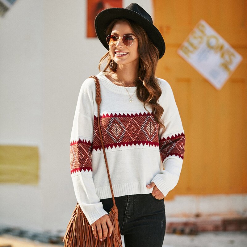 

Aztec Graphic Boxy Pullover Sweater, White
