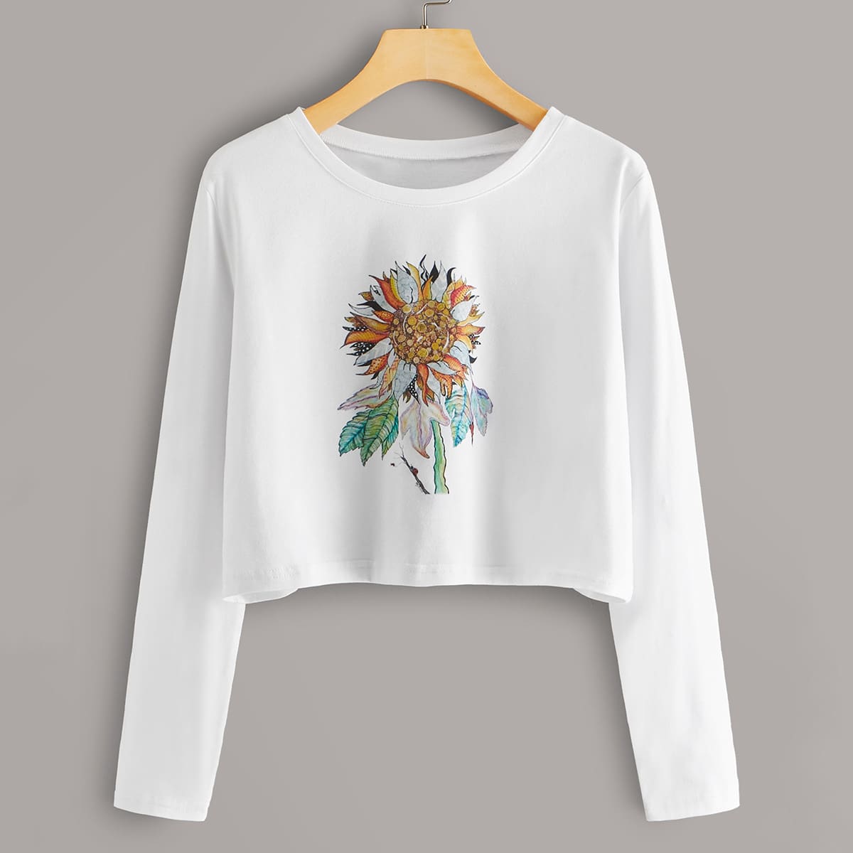 

Sunflower Print Long Sleeve Crop Tee, White