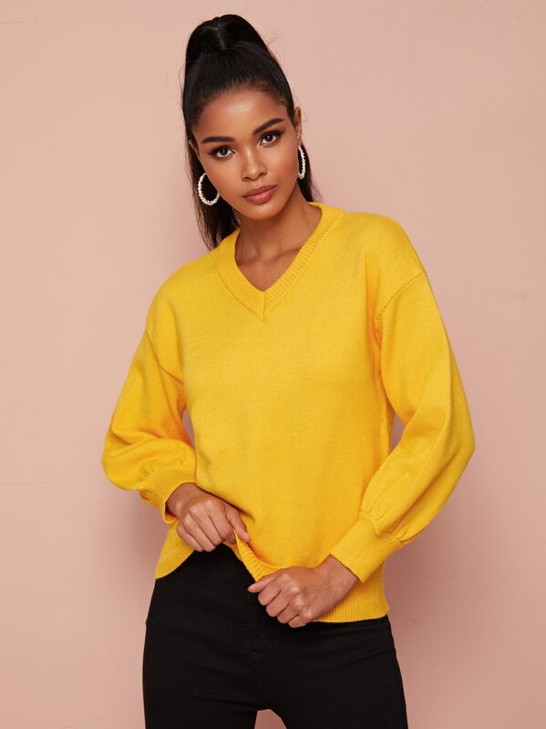 

Solid V-Neck Drop Shoulder Sweater, Yellow, GG