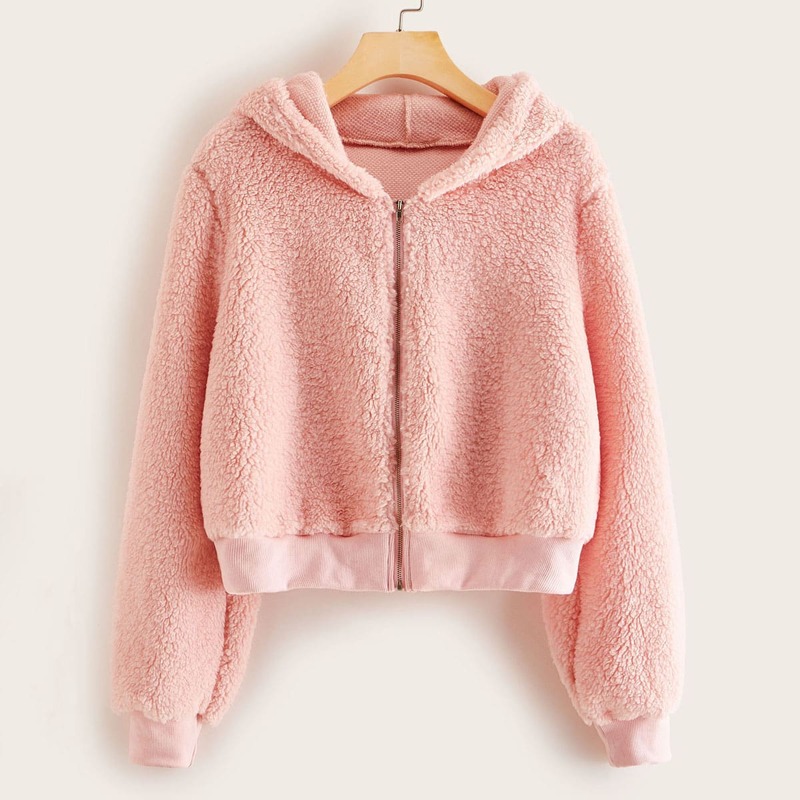 

Zip Up Hooded Teddy Jacket, Pink