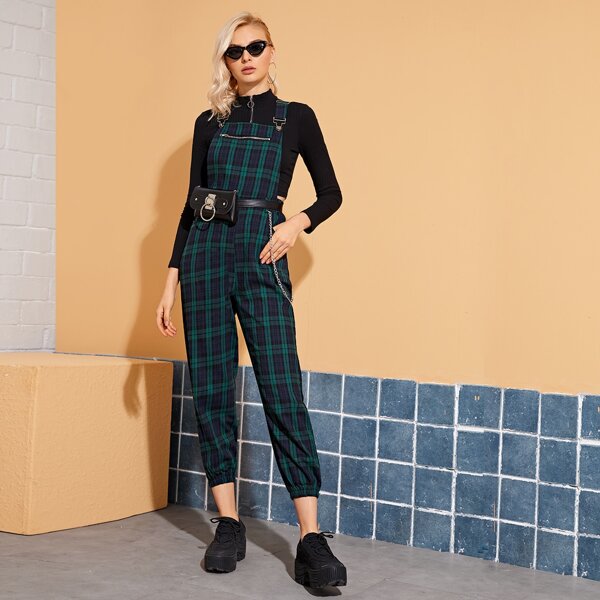

Plaid Chain Detail Pinafore Jumpsuit Without Bag, Multicolor