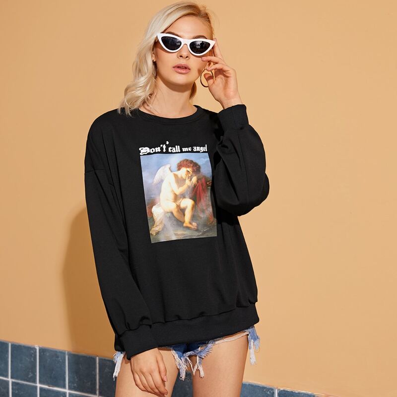 

Angel Print Letter Graphic Sweatshirt, Black