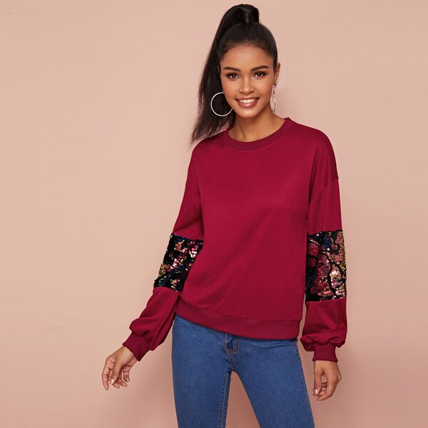 

Contrast Sequin Round Neck Sweatshirt, Burgundy