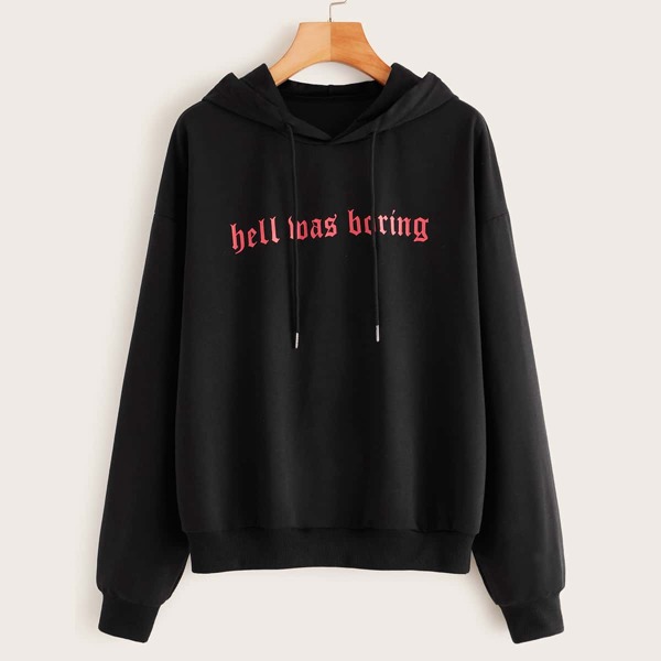 

Slogan Graphic Drawstring Hooded Sweatshirt, Black