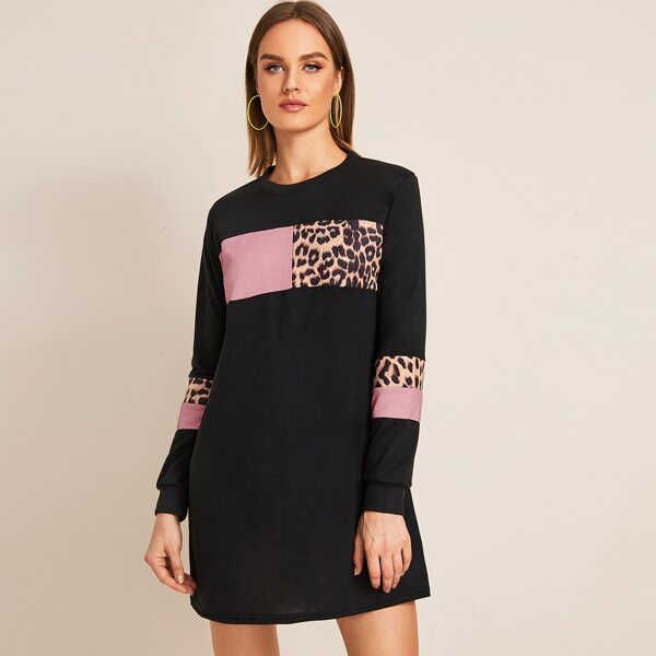 

Contrast Leopard Color-Block Sweatshirt Dress, Black