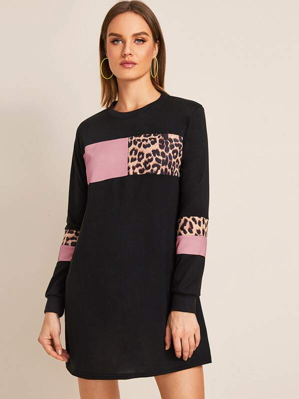 

Contrast Leopard Color-Block Sweatshirt Dress, Black, Rasa