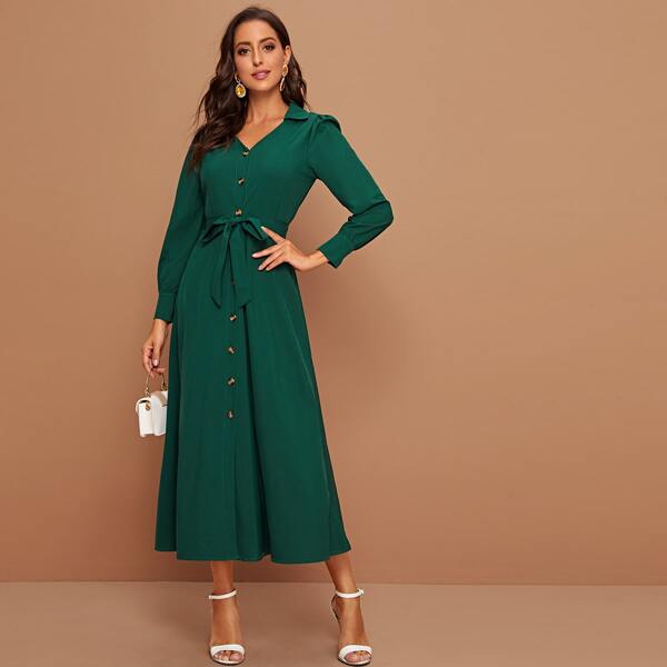 

Self Tie Button Through Shirt Dress, Green
