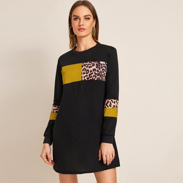 

Contrast Leopard Color-Block Sweatshirt Dress, Black