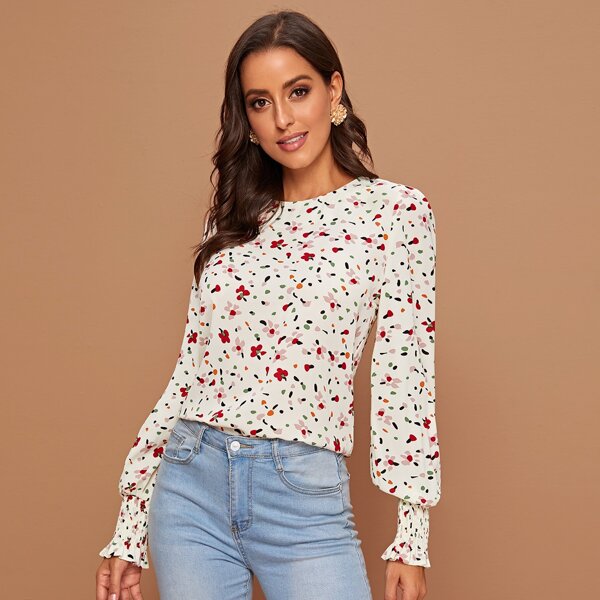 

Confetti Print Shirred Cuff Blouse, Multicolor
