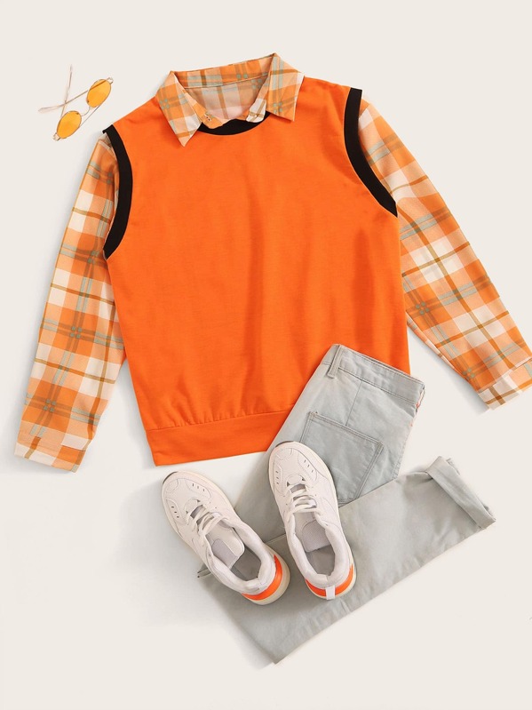

Plaid Blouse With Contrast Trim Tank Top, Orange