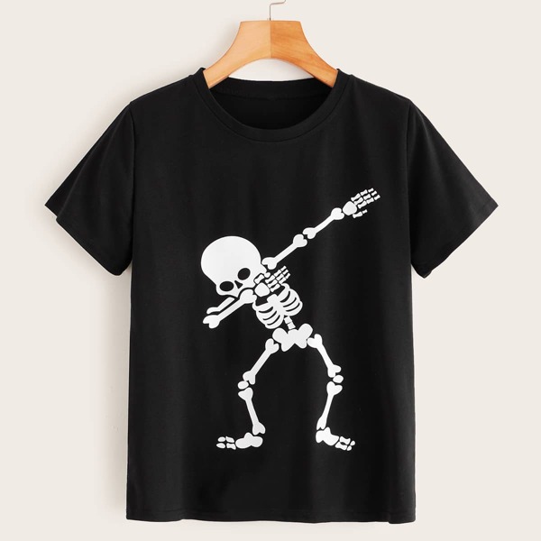 

Halloween Skeleton Print Round Neck Tee, Black