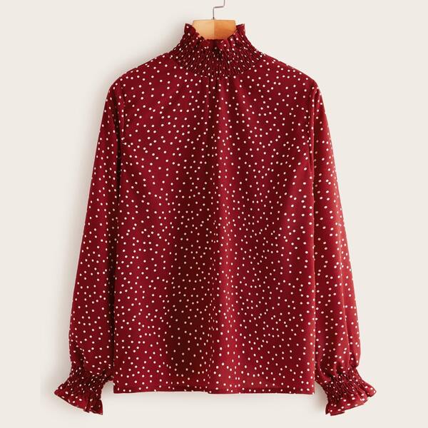 

Polka Dot Shirred Frill Blouse, Burgundy