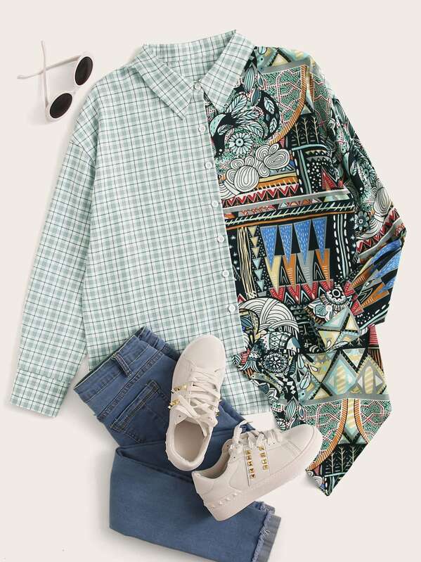 

Two Tone Plaid Geo Print Blouse, Multicolor