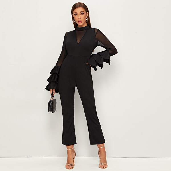

Contrast Mesh Layered Sleeve Jumpsuit, Black