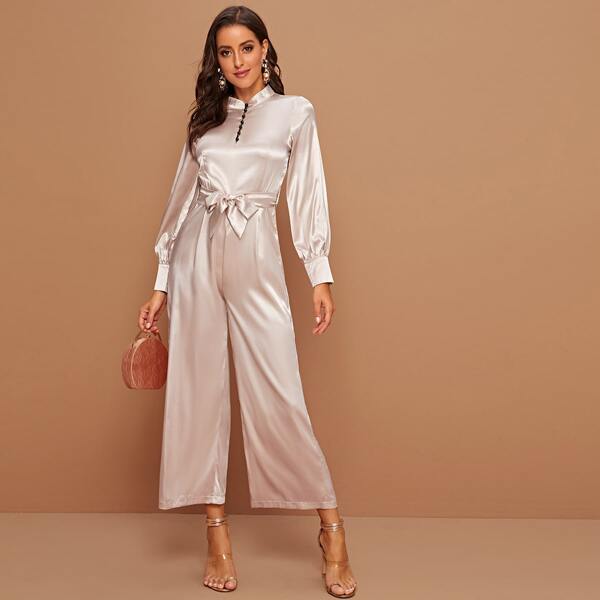 

Mock Neck Self Tie Satin Jumpsuit, Pink pastel