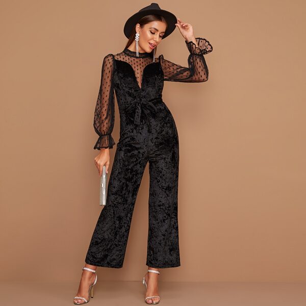 

Contrast Dobby Mesh Self Tie Velvet Jumpsuit, Black