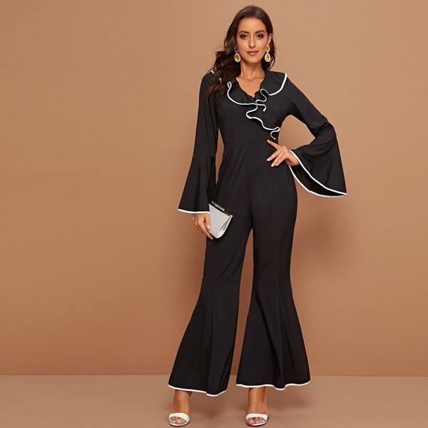 

Contrast Trim Ruffle Flare Leg Jumpsuit, Black