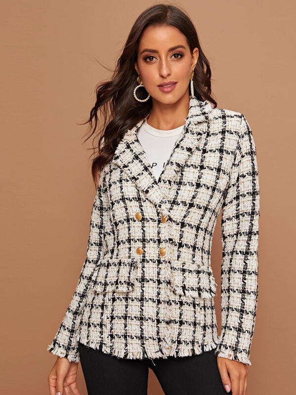 

Plaid Double Breasted Tweed Coat, Multicolor, Mary P.