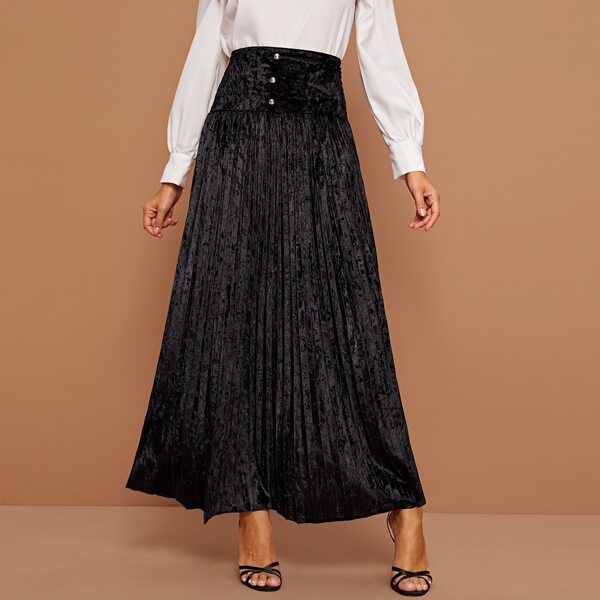 

Button Front Velvet Pleated Skirt, Black