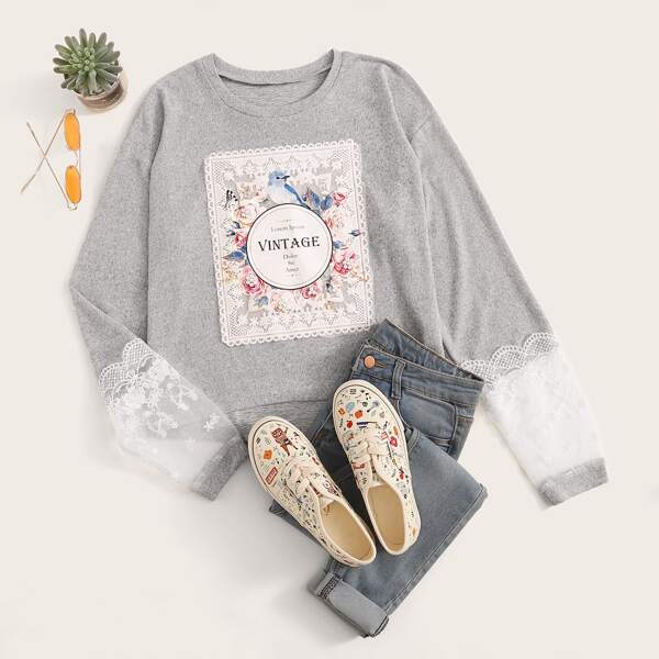 

Contrast Lace Letter Graphic Sweatshirt, Grey