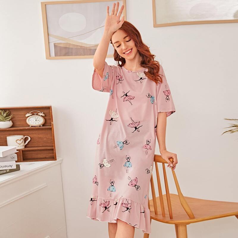 

Cartoon Print Ruffle Hem Night Dress, Pink